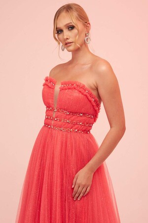 Coral Strapless Backless Tulle Engagement Dress - 2