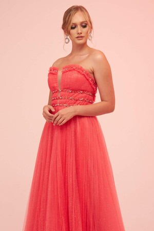 Coral Strapless Backless Tulle Engagement Dress - 3