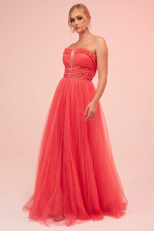 Coral Strapless Backless Tulle Engagement Dress - 4