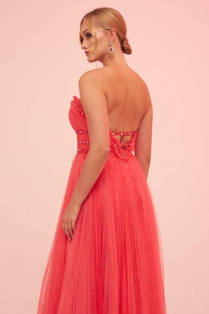 Coral Strapless Backless Tulle Engagement Dress - 5