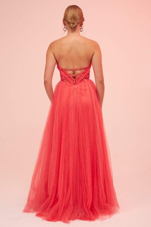 Coral Strapless Backless Tulle Engagement Dress - 6