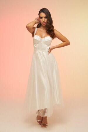 Ecru Back Tied Glittery Tulle Midi Wedding Dress - 1