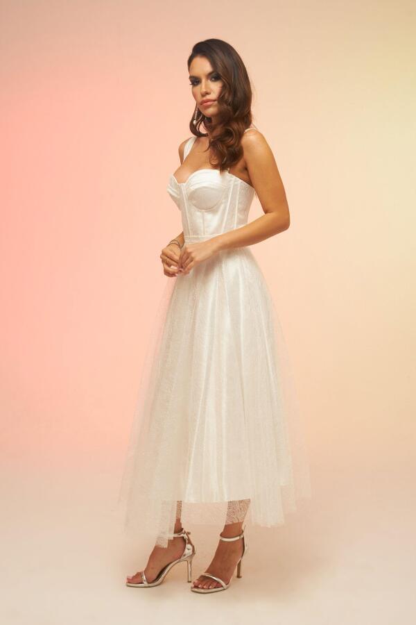 Ecru Back Tied Glittery Tulle Midi Wedding Dress - 3