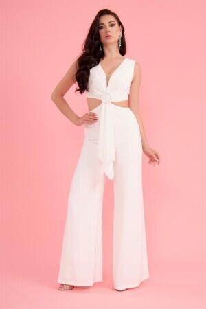 Ecru Navel Low-cut Buckle Jumpsuit - 1