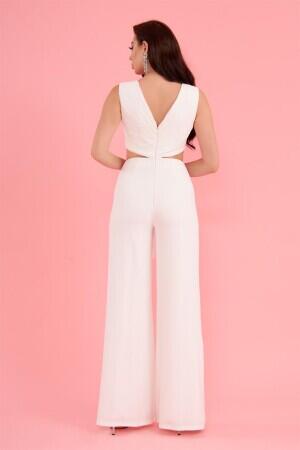 Ecru Navel Low-cut Buckle Jumpsuit - 5