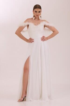 Ecru Feather Slit Chiffon Wedding Dress - 1