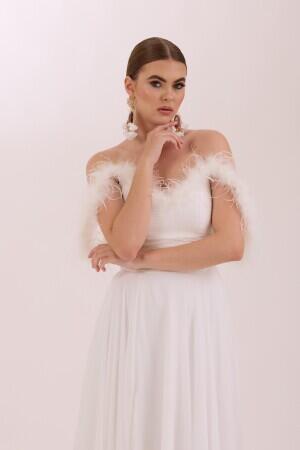 Ecru Feather Slit Chiffon Wedding Dress - 3