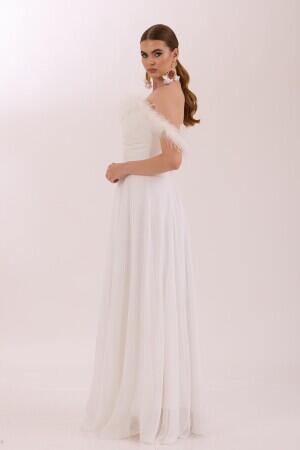 Ecru Feather Slit Chiffon Wedding Dress - 4