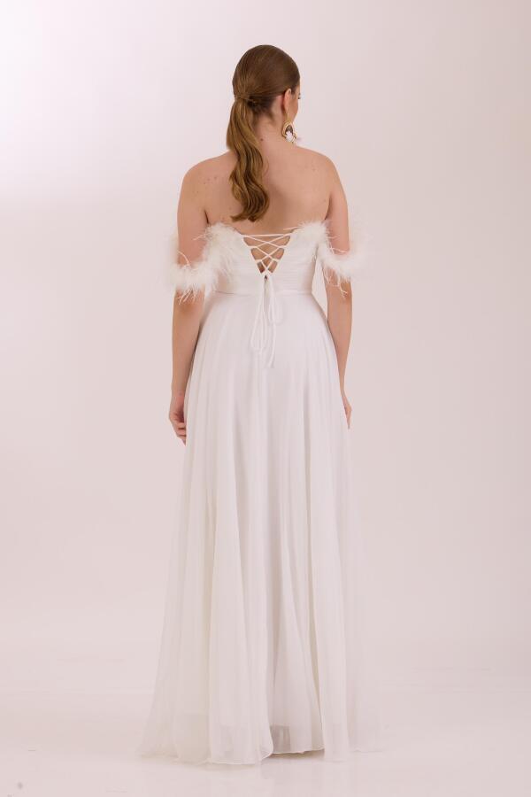 Ecru Feather Slit Chiffon Wedding Dress - 5