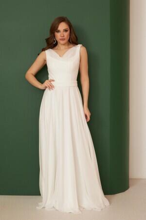 Ecru Chiffon Off Shoulder Neckline Long Wedding Dress - 1