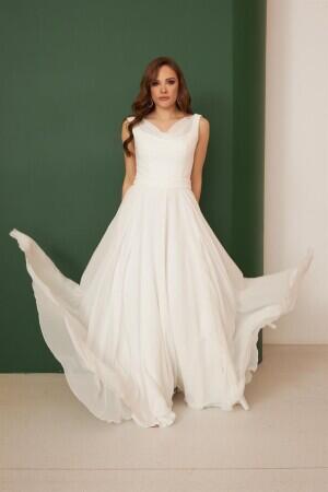 Ecru Chiffon Off Shoulder Neckline Long Wedding Dress - 3