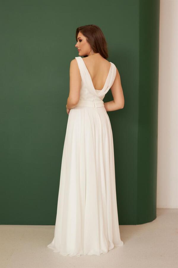 Ecru Chiffon Off Shoulder Neckline Long Wedding Dress - 5