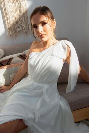 Ecru Chiffon One-Shoulder Long Evening Dress, Wedding Dress and Outdoor Shooting Dress - 2