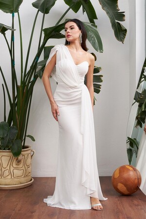 Ecru Chiffon One-Shoulder Slit Long Wedding Dress - 1