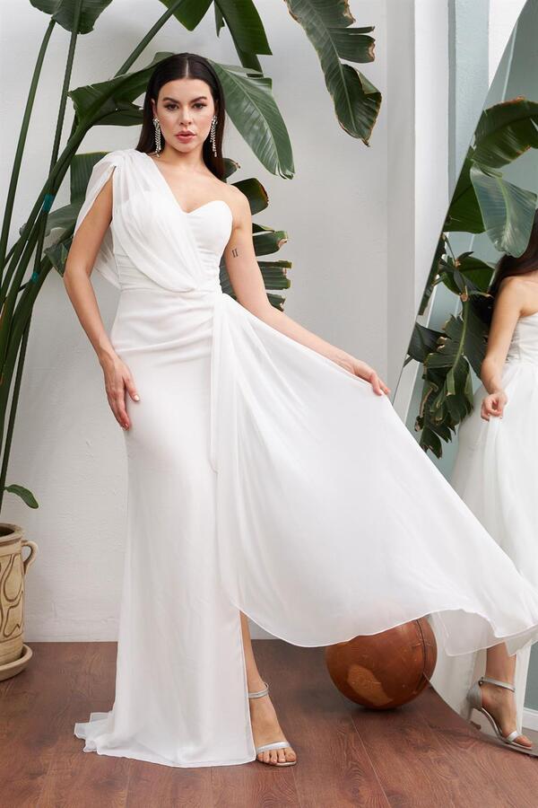 Ecru Chiffon One-Shoulder Slit Long Wedding Dress - 3