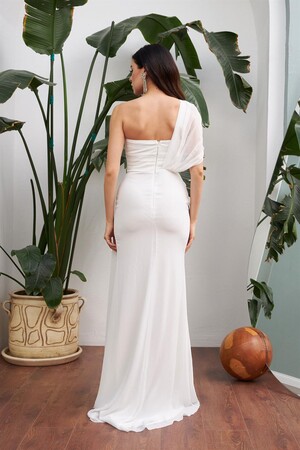 Ecru Chiffon One-Shoulder Slit Long Wedding Dress - 4