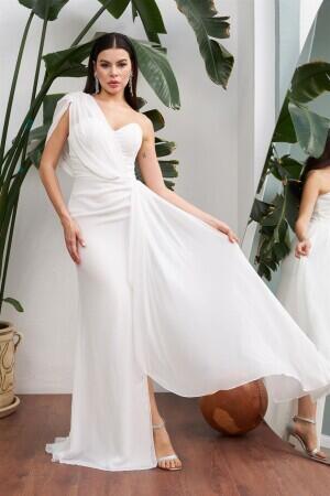 Ecru Chiffon One-Shoulder Slit Long Wedding Dress - 3