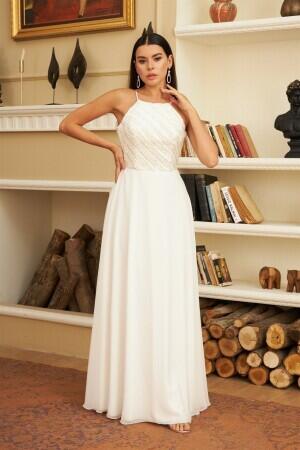 Ecru Chiffon Sequined Long Wedding Dress - 1