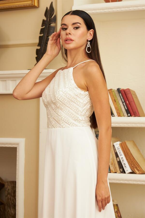 Ecru Chiffon Sequined Long Wedding Dress - 2