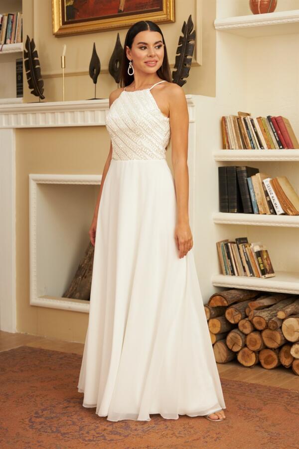 Ecru Chiffon Sequined Long Wedding Dress - 3