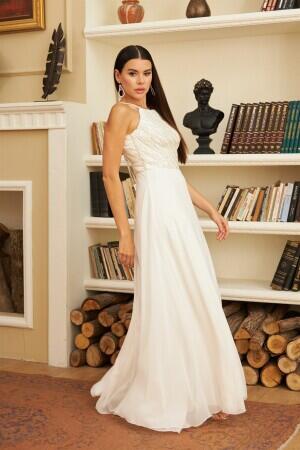 Ecru Chiffon Sequined Long Wedding Dress - 4