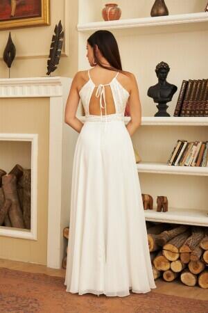 Ecru Chiffon Sequined Long Wedding Dress - 6