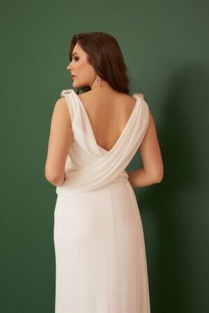 Ecru Chiffon Shoulder Stone Long Wedding Dress - 3