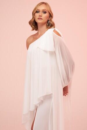 Ecru One Sleeve Slit Plus Size Chiffon Wedding Dress - 2