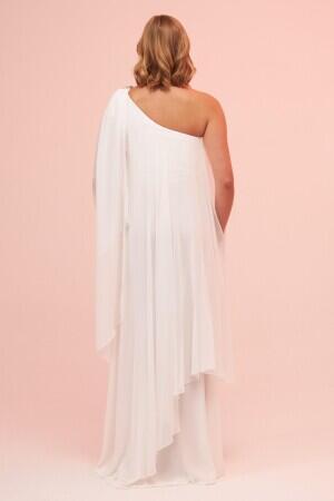 Ecru One Sleeve Slit Plus Size Chiffon Wedding Dress - 6