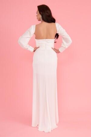 Ecru Satin Front Slit Aller Sleeve Long Wedding Dress - 5