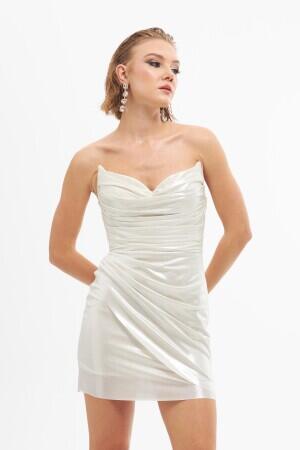 Ecru Shiny Knitted Strapless Short Wedding Dress - 1