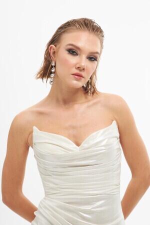 Ecru Shiny Knitted Strapless Short Wedding Dress - 3