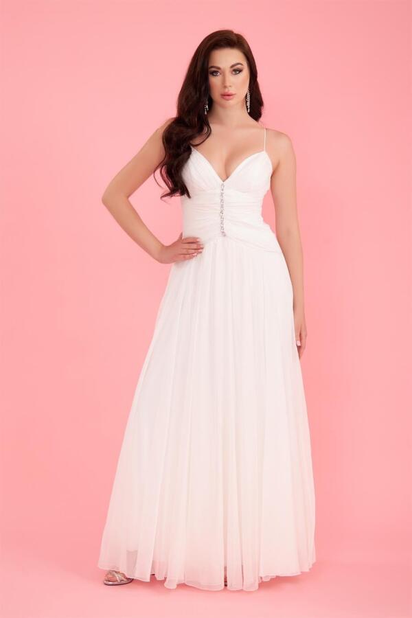 Ecru Chiffon Strap Long Wedding Dress with Stones on the Collar - 1