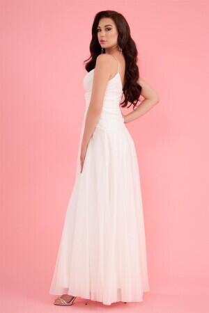 Ecru Chiffon Strap Long Wedding Dress with Stones on the Collar - 3