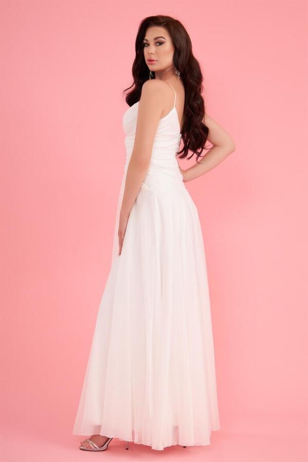 Ecru Chiffon Strap Long Wedding Dress with Stones on the Collar - 3