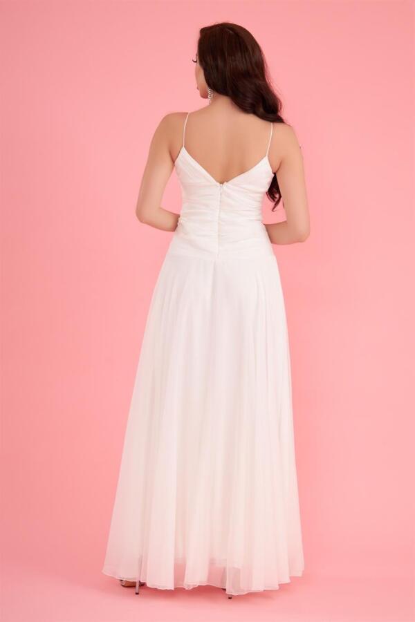 Ecru Chiffon Strap Long Wedding Dress with Stones on the Collar - 4