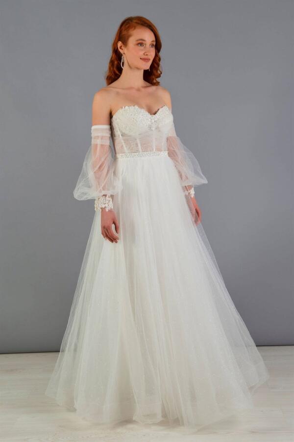 Ecru Tulle Low Sleeve Engagement Evening Dress - 1