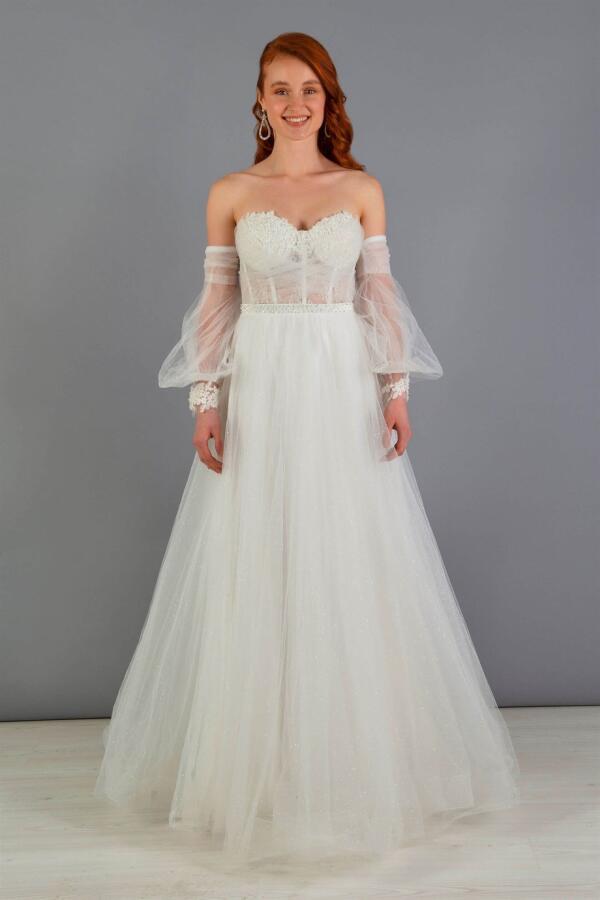 Ecru Tulle Low Sleeve Engagement Evening Dress - 3