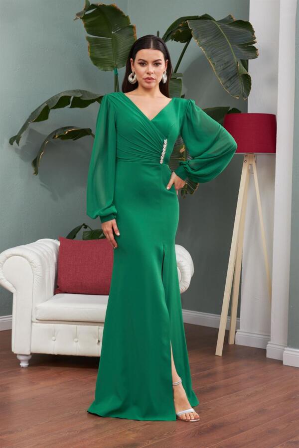 Emerald Chiffon Buckle Detailed Long Evening Dress - 1