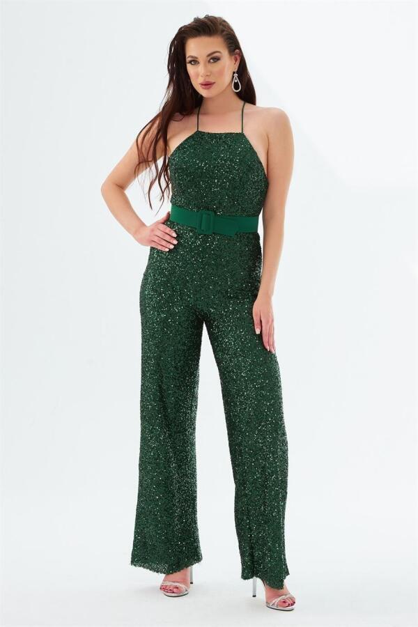 Emerald Sequined Belted Long Jumpsuit - 1