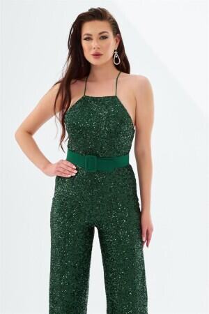 Emerald Sequined Belted Long Jumpsuit - 2