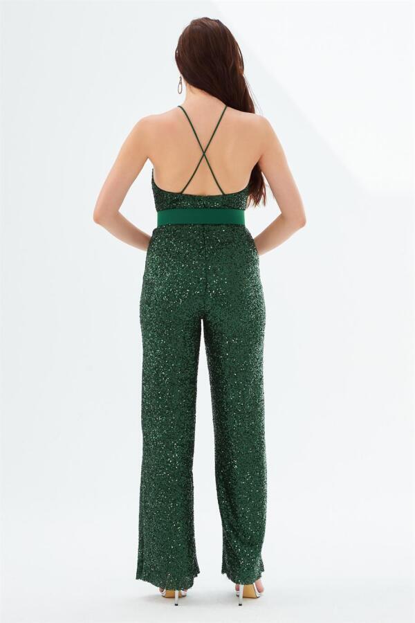 Emerald Sequined Belted Long Jumpsuit - 5