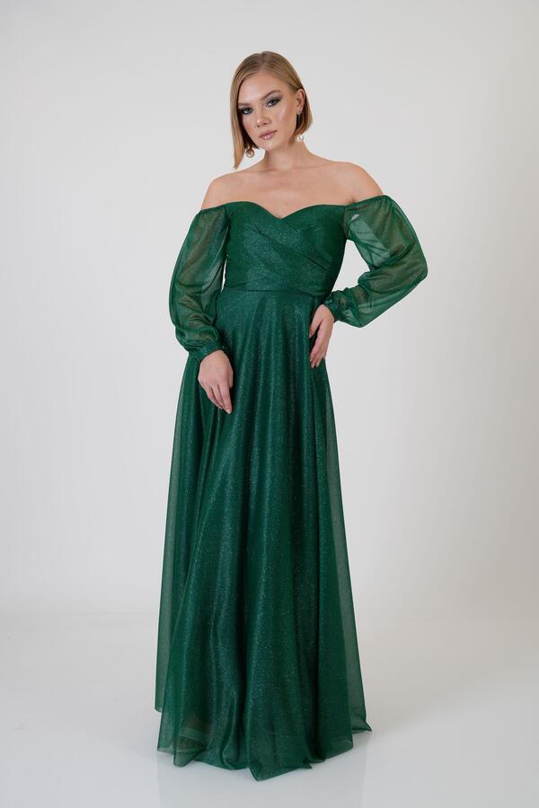 Emerald Glitter Collar Long Sleeve Engagement Dress - 1