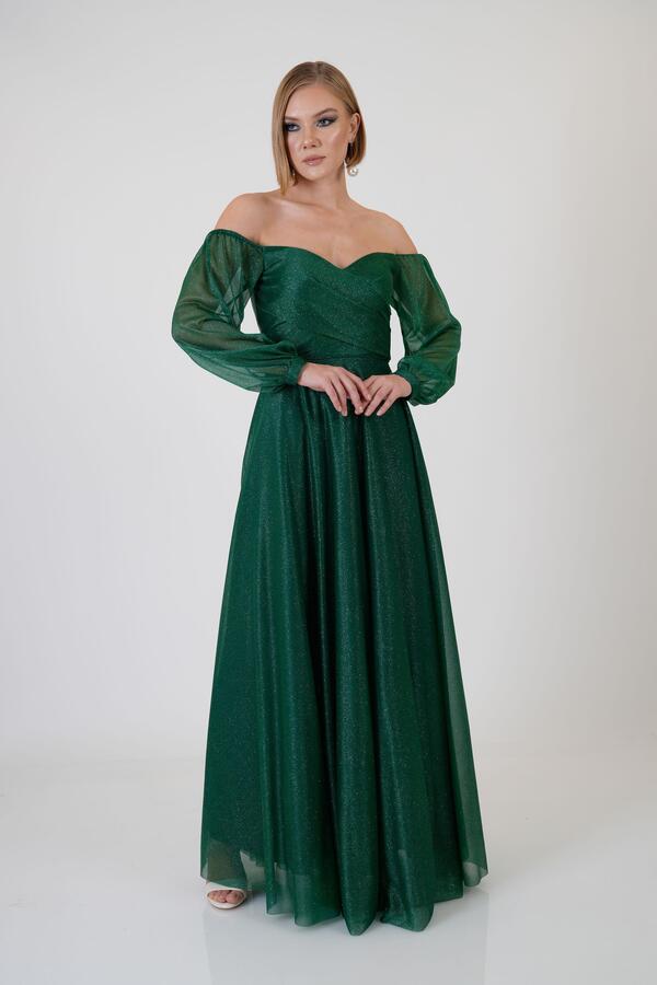 Emerald Glitter Collar Long Sleeve Engagement Dress - 3