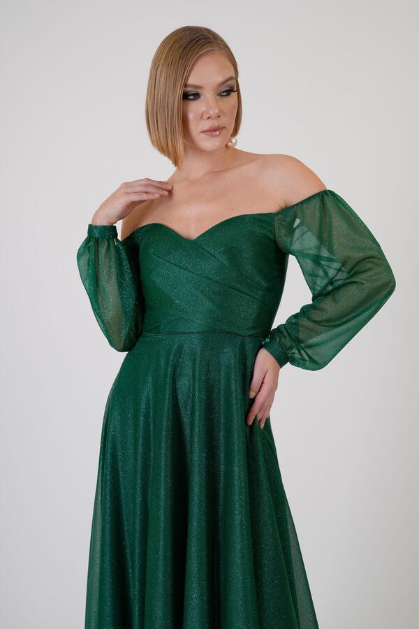 Emerald Glitter Collar Long Sleeve Engagement Dress - 4