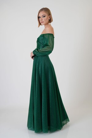 Emerald Glitter Collar Long Sleeve Engagement Dress - 5