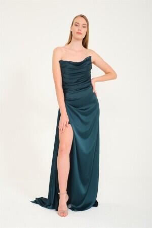 Emerald Slit Satin Evening Dress Cat Ear Dress - 1