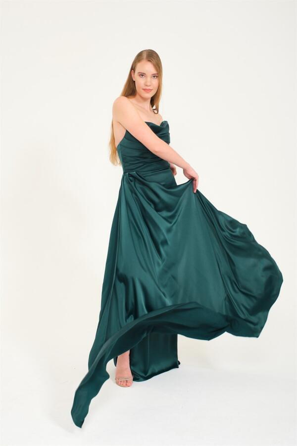 Emerald Slit Satin Evening Dress Cat Ear Dress - 2