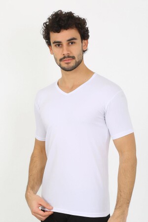 Erkek Likralı V Yaka Beyaz T-Shirt 65700 - 3