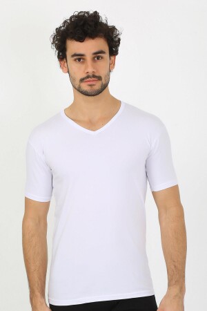 Erkek Likralı V Yaka Beyaz T-Shirt 65700 - 5